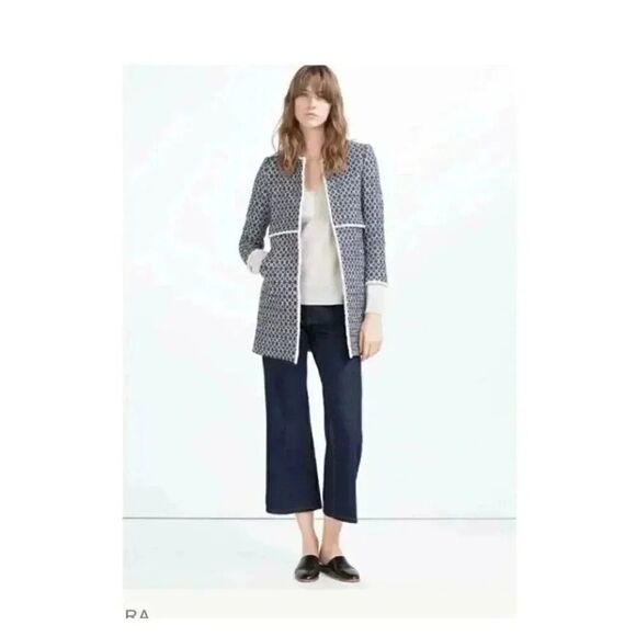 ZARA WOMAN BLUE PRINTED COAT BOHEMIAN JACQUARD JACKET 'LONG COAT' SZ XS - Picture 2 of 16